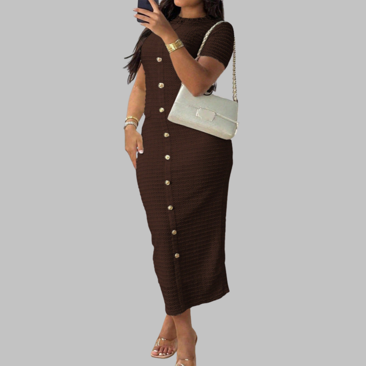Mock Neck Short Sleeve Button Front Bodycon Midi Dress 5