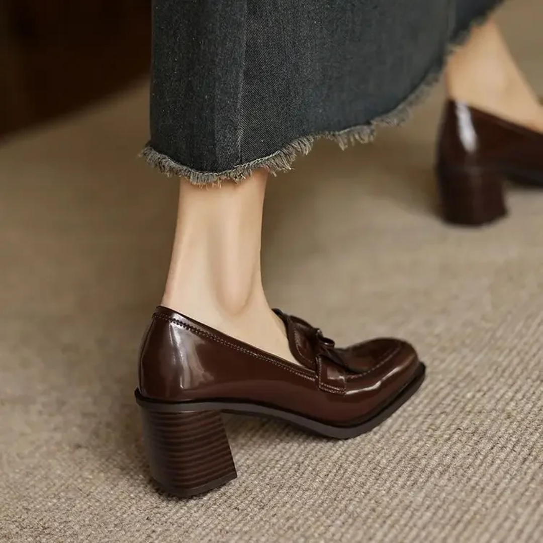Square Toe Tassel Block Heel Loafer Pumps