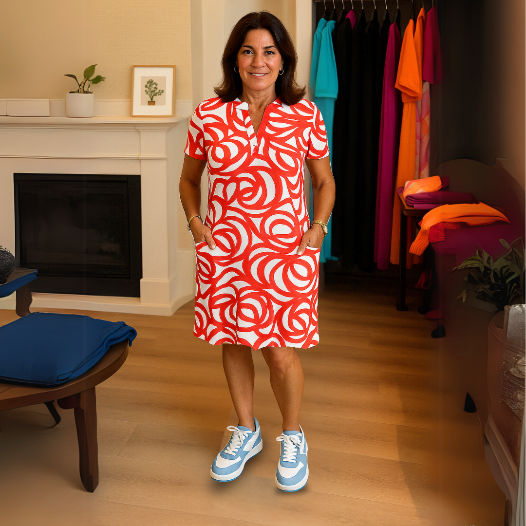Abstract Print Split Neck Short Sleeve Pocket Shift Dress