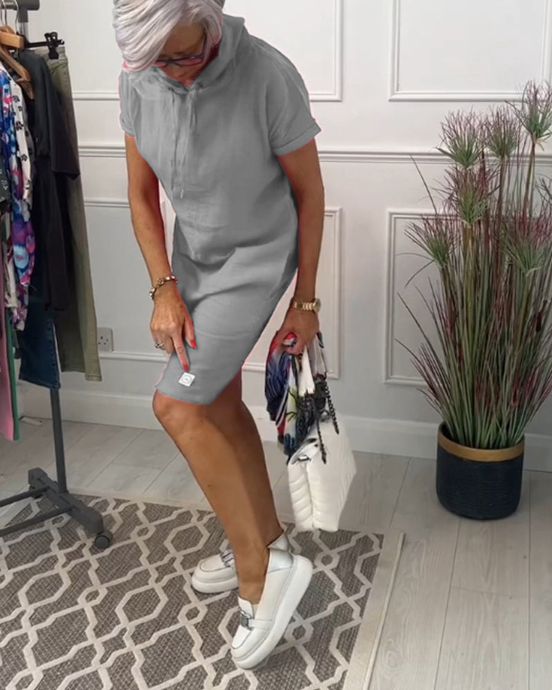 Hooded Drawstring Short Sleeve Knee Length Shift Dress