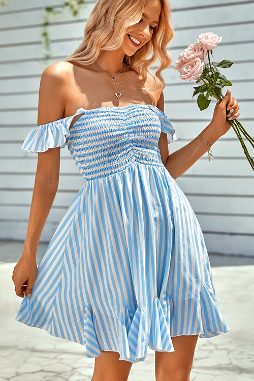 Loveliest Look Striped Off Shoulder Mini Dress - 3 Colors Blue