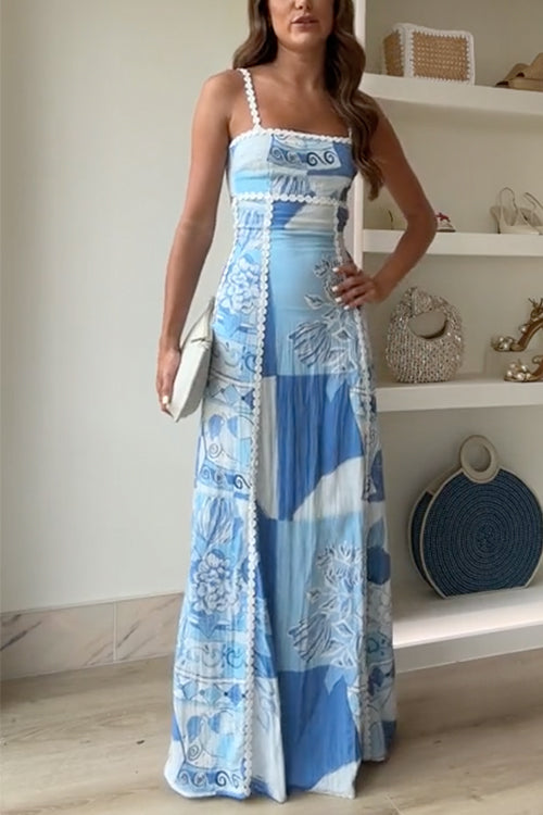 Floral Square Neck Lace Trim Maxi Dress