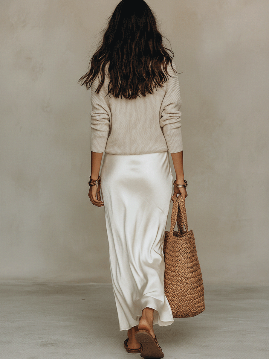 V-Neck Knit Sweater and Satin Slip Dress Two Piece Set