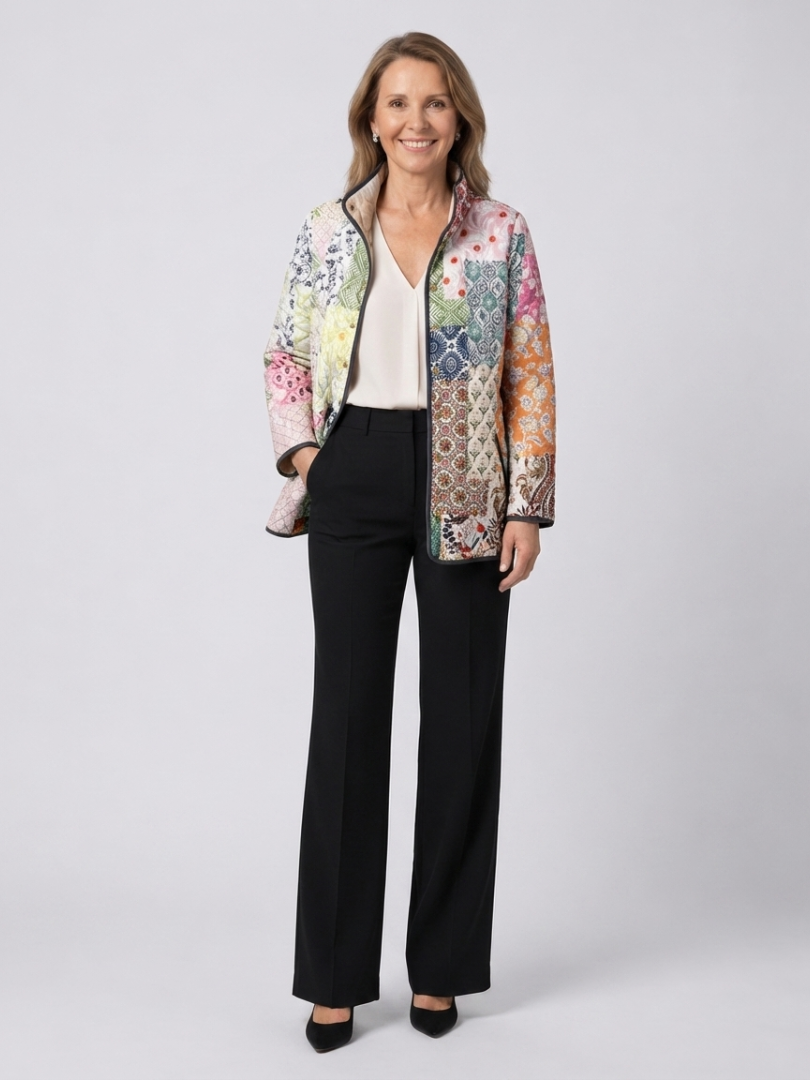 Patchwork Print Quilted Stand Collar Zip Jacket