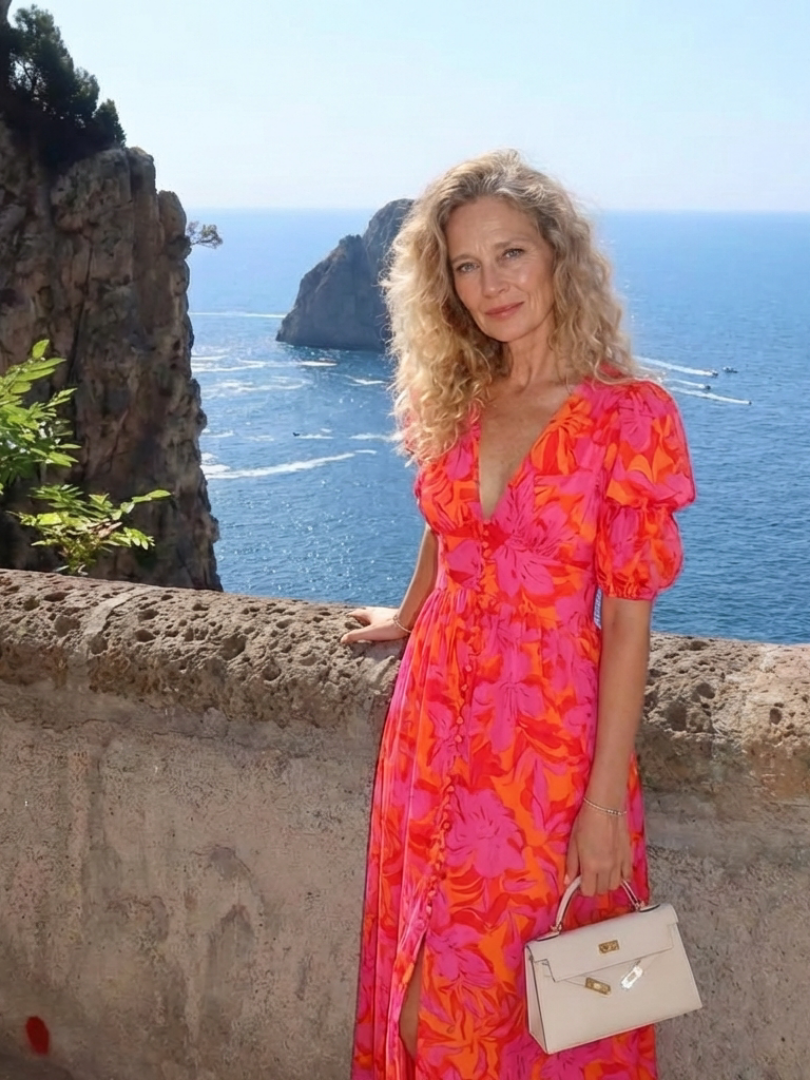 Floral V-Neck Puff Sleeve Button Front Midi Dress