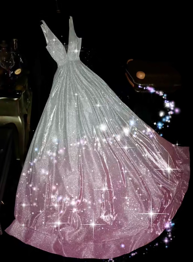Gorgeous Deep V Ombre Pink Satin Sequin Long Prom Dreses Evening Gown  D931