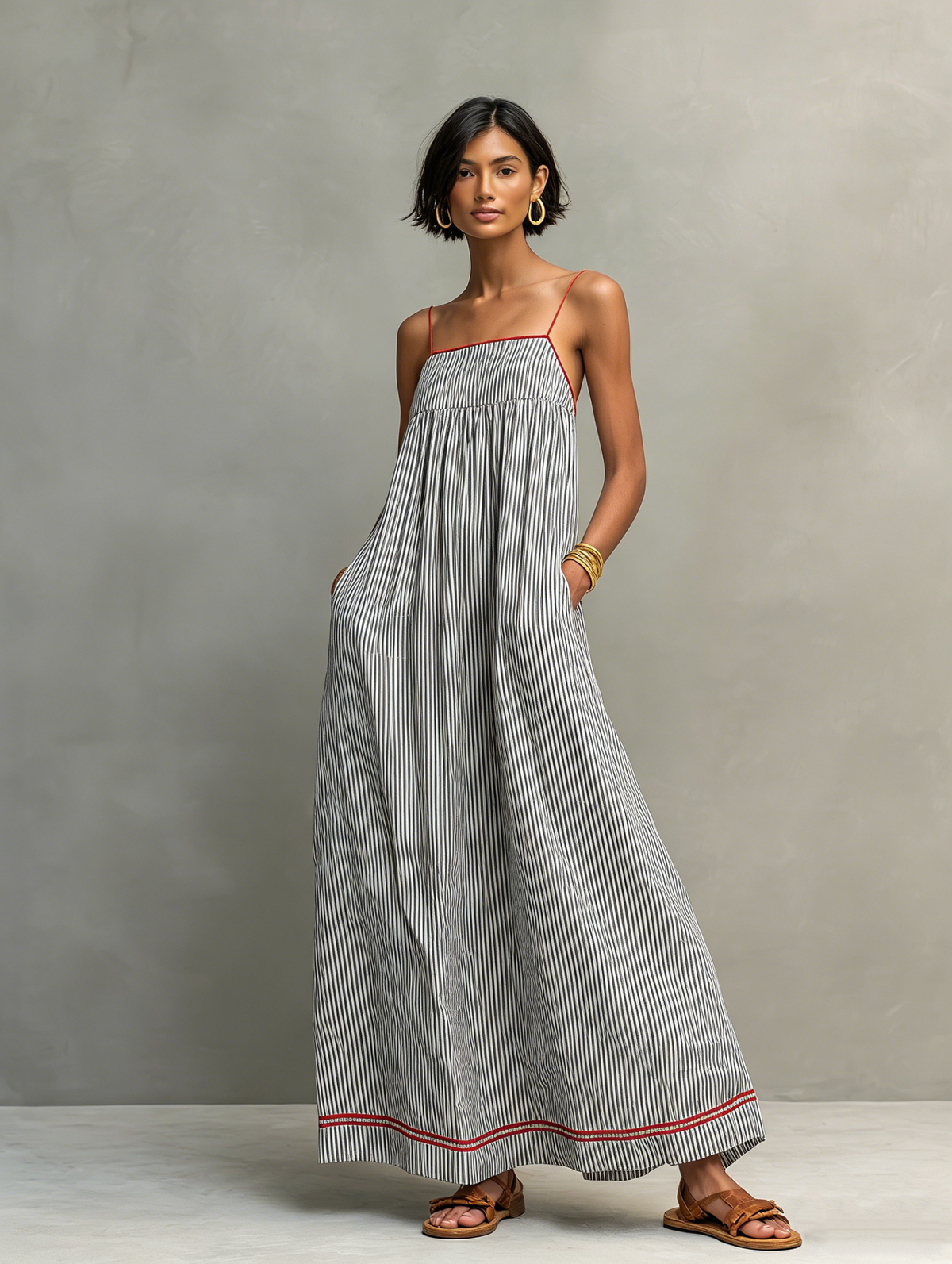Striped Square Neck Spaghetti Strap Trapeze Maxi Dress