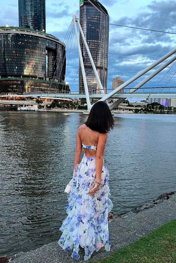 Floral Chiffon V-Neck Corset Bodice Ruffle Tiered Maxi Dress 10