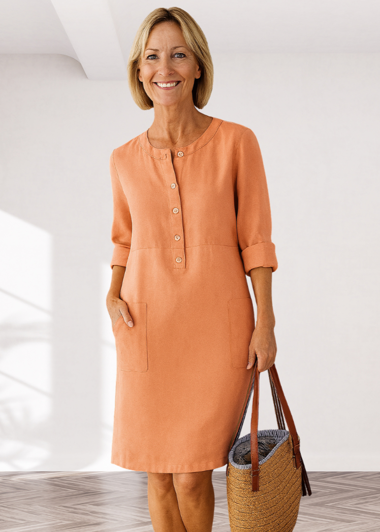 Linen Look Button Placket Long Sleeve Pocket Shift Dress