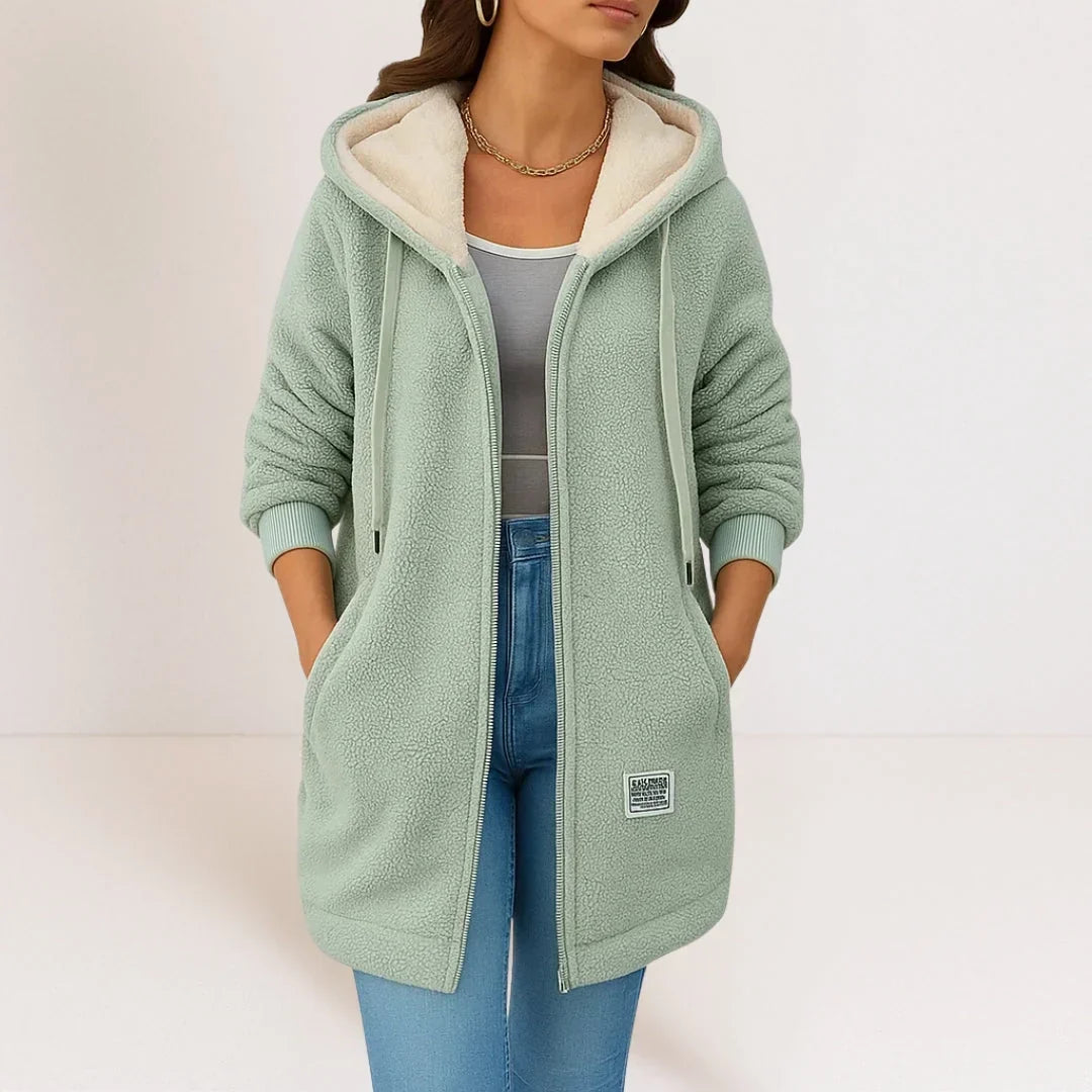 Hooded Zip Front Sherpa Fleece Longline Jacket