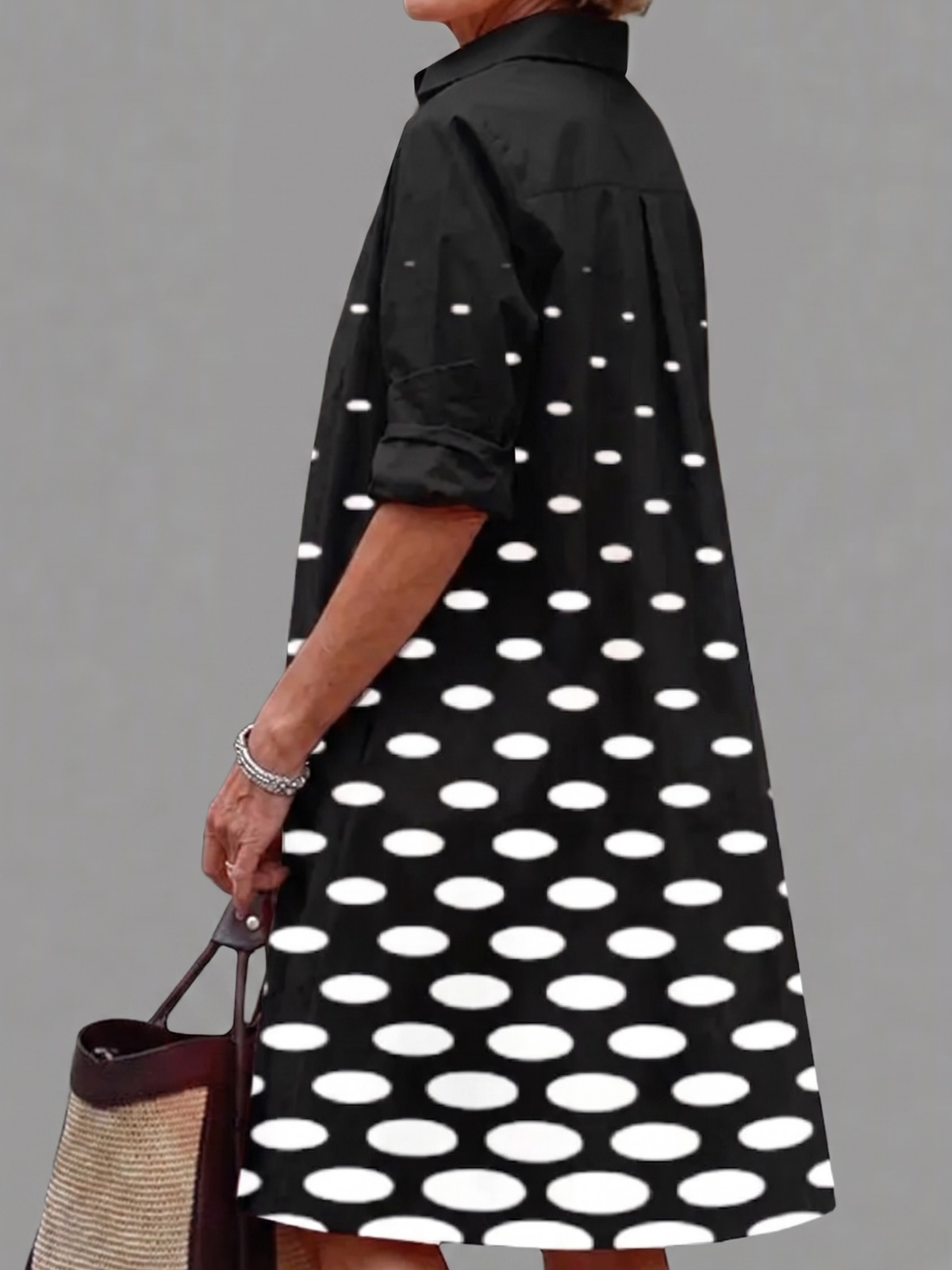Polka Dot Collared Long Sleeve Pocket Shirt Dress