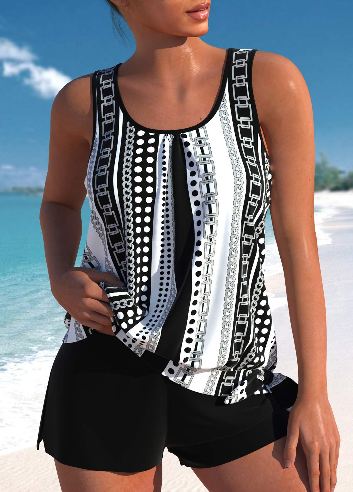 Leaf Print Blouson Tankini Top and Shorts Swimsuit Set