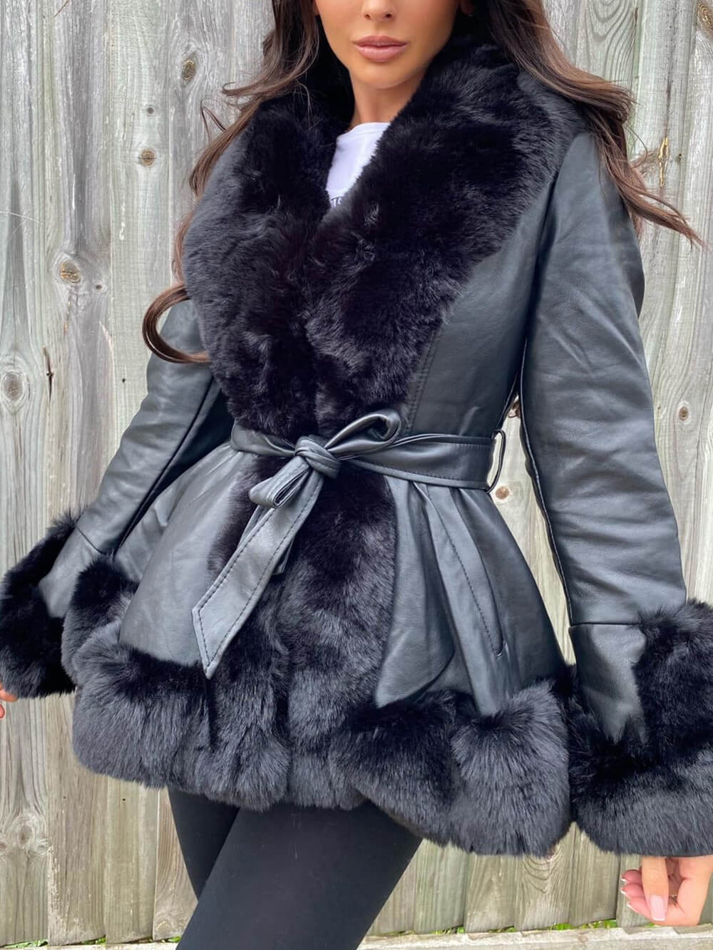 Faux Fur Trim Belted Faux Leather Peplum Jacket