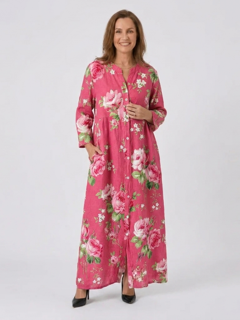 Rose Floral Button Front Long Sleeve Maxi Dress