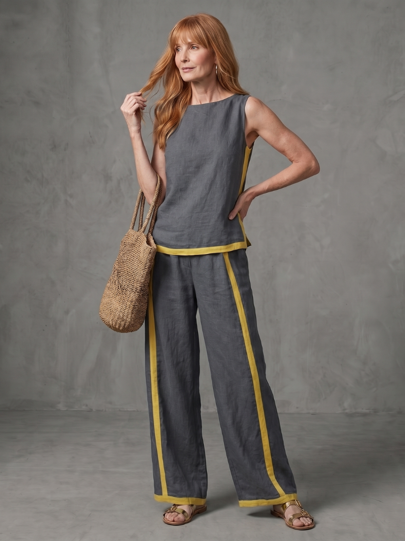 Sleeveless Top and Contrast Stripe Wide Leg Pants Two Piece Set