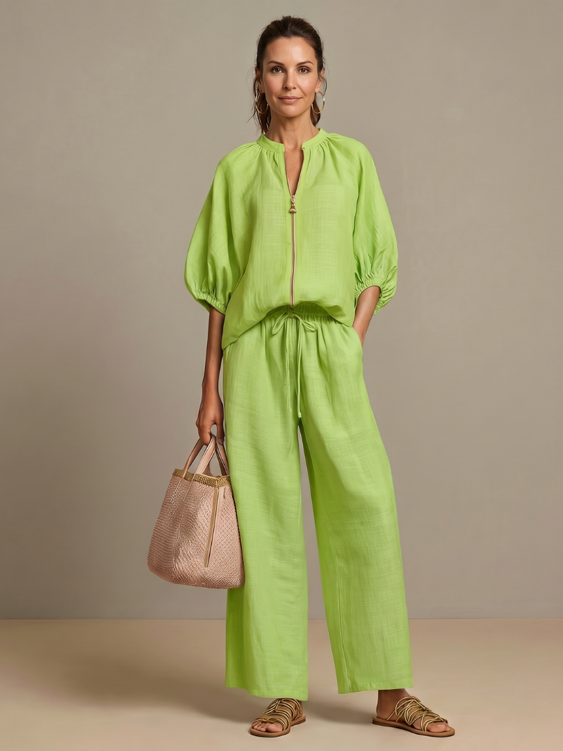 Puff Sleeve Zip Front Top and Wide Leg Pants Two Piece Set