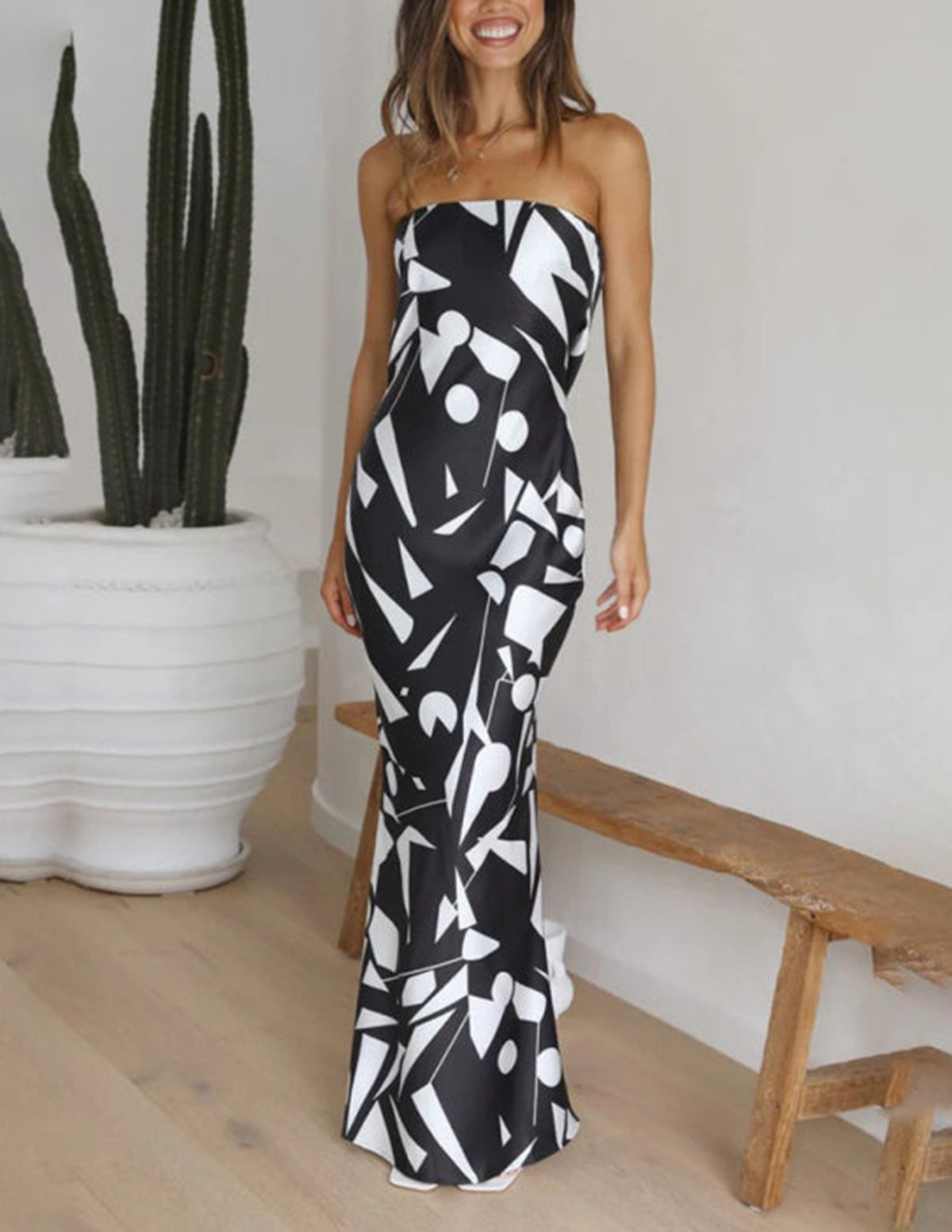 Strapless Geometric Print Satin Bodycon Mermaid Maxi Dress 6