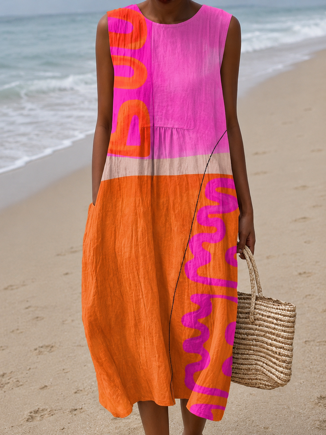 Colorblock Abstract Print Sleeveless Pocket Midi Dress