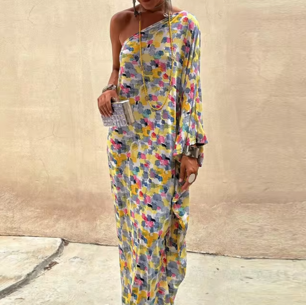 Abstract Floral Print One Shoulder Batwing Sleeve Loose Maxi Dress 7