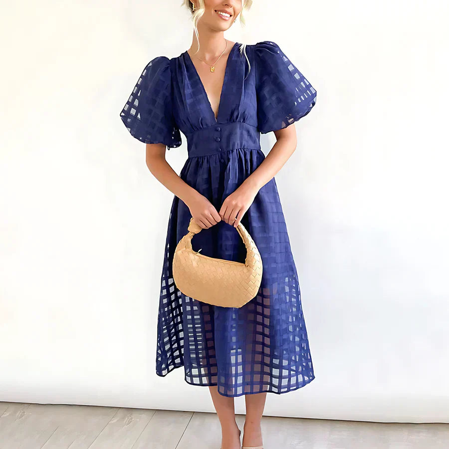 Cindy - Classic Patterned Puff Sleeve Midi Dress Navy Blue