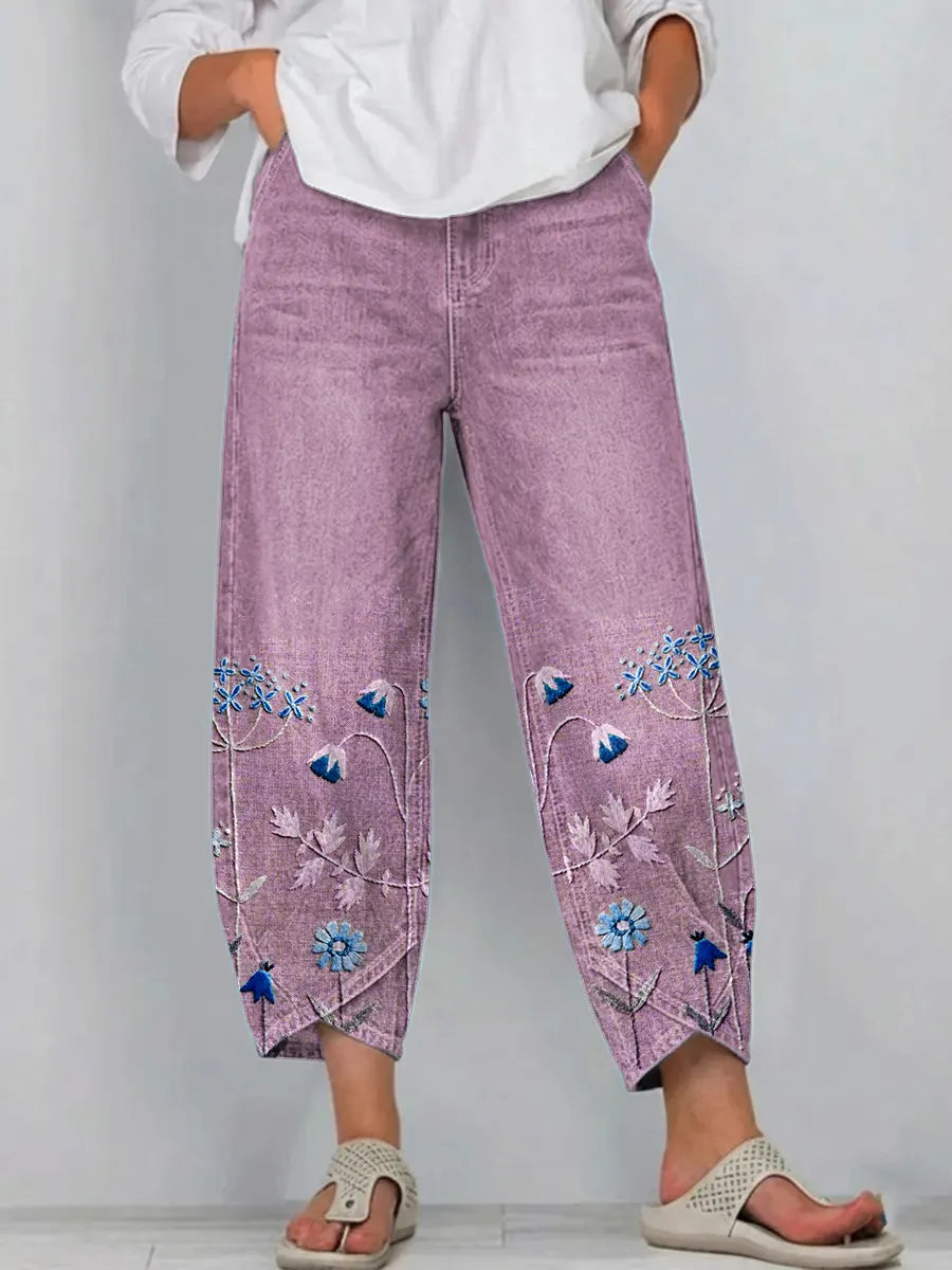 Floral Embroidered Wide Leg Cropped Denim Trousers