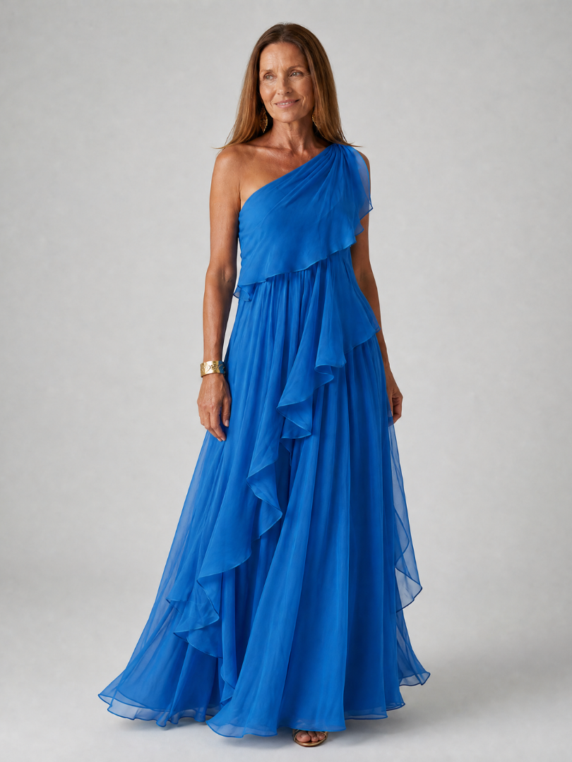 One Shoulder Cascading Ruffle Chiffon Maxi Gown