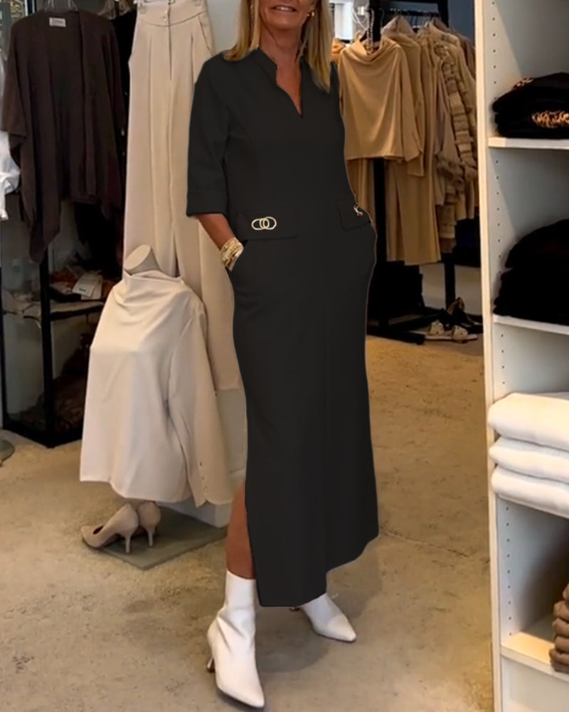 Magaly Timeless Solid Color Slit Dress with 3/4 Sleeves Premium Wardrobe Essential
