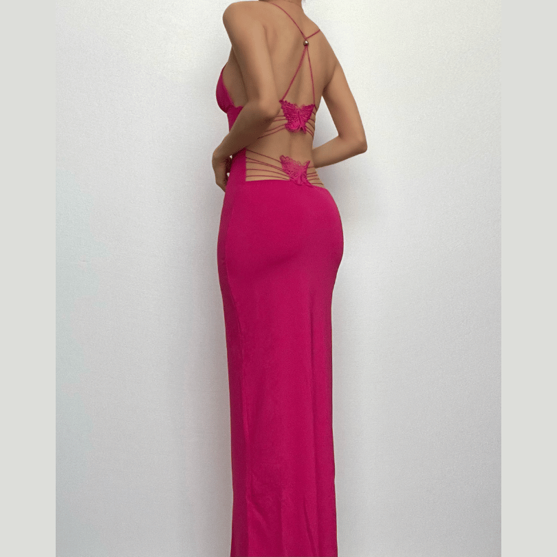 Butterfly applique backless v neck maxi dress 16