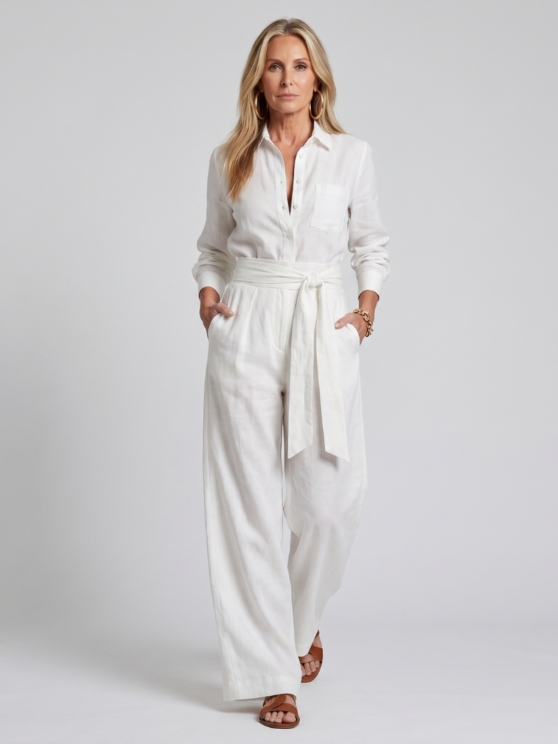 Collared Long Sleeve Belted Wide Leg Jumpsuit