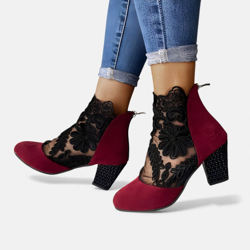 Floral Lace Mesh Round Toe Block Heel Ankle Boots