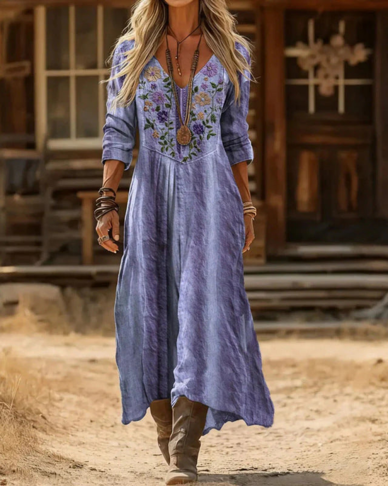 Embroidered V-Neck Long Sleeve A-Line Maxi Dress