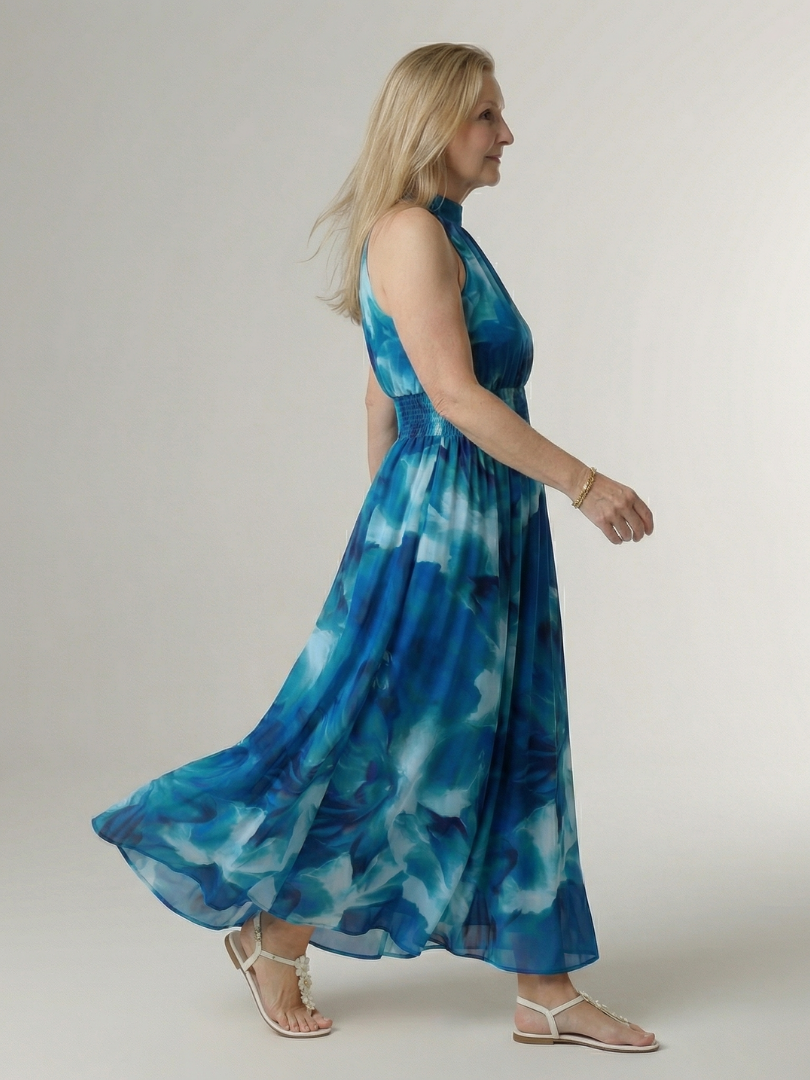 Halter Neck Sleeveless Tie Dye Smocked Waist Maxi Dress