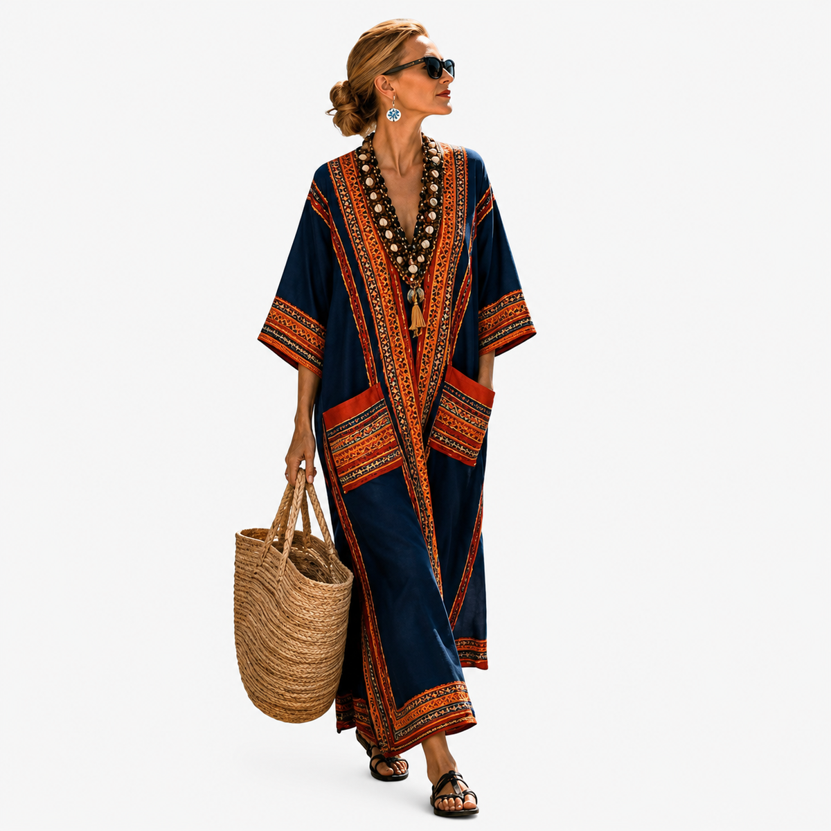 Border Print Deep V-Neck Kaftan Maxi Dress
