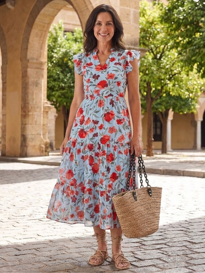 Floral Flutter Sleeve Split Neck Tiered Maxi Dress