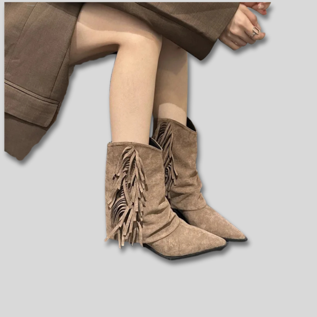 Suede Look Fringe Pointed Toe Slouch Western Boots