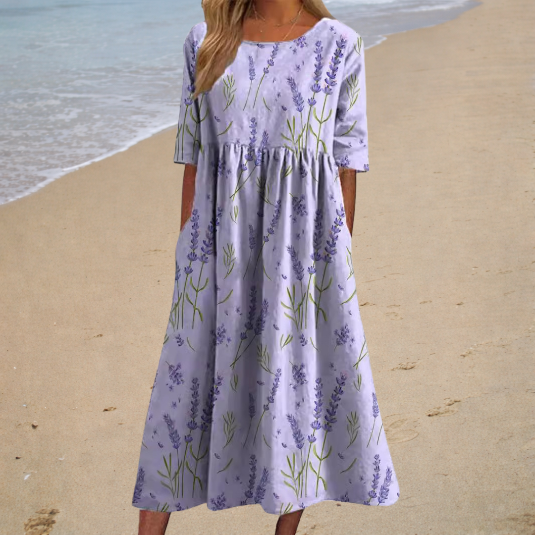 Rose Floral Print Round Neck Half Sleeve Pocket Maxi Dress