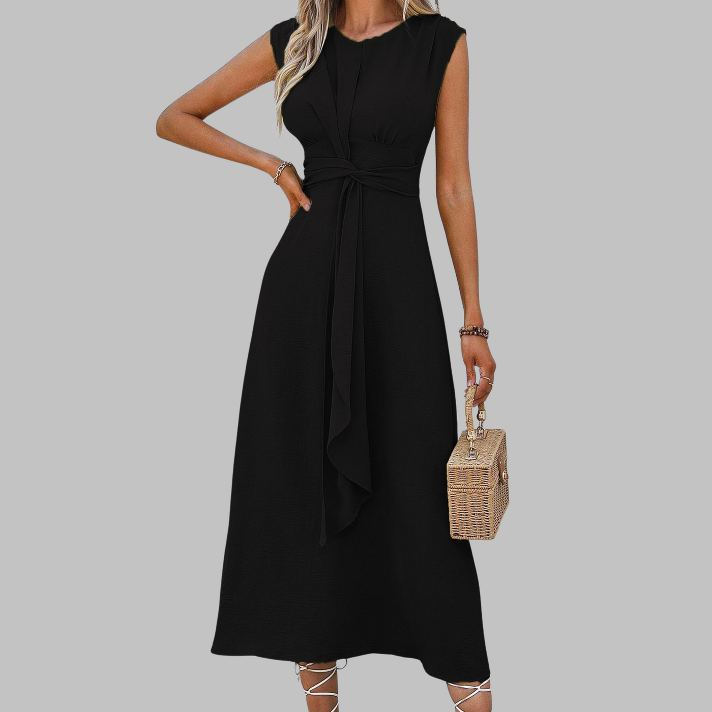 Cap Sleeve Knot Front A-Line Midi Dress 7
