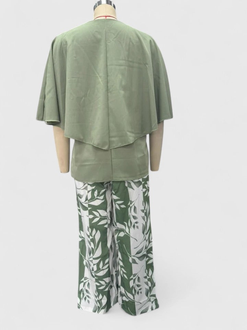 Layered Cape Overlay Top and Leaf Print Pants Two Piece Set
