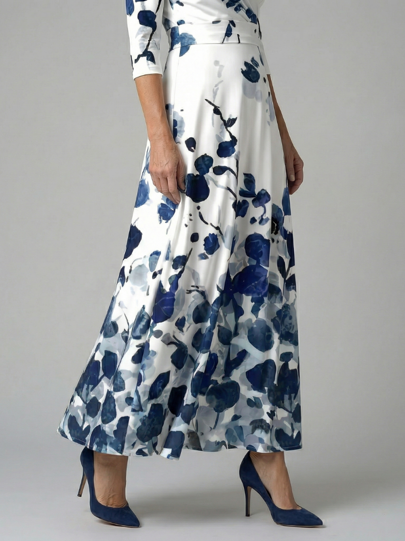Floral V-Neck Wrap Three Quarter Sleeve Satin Maxi Dress