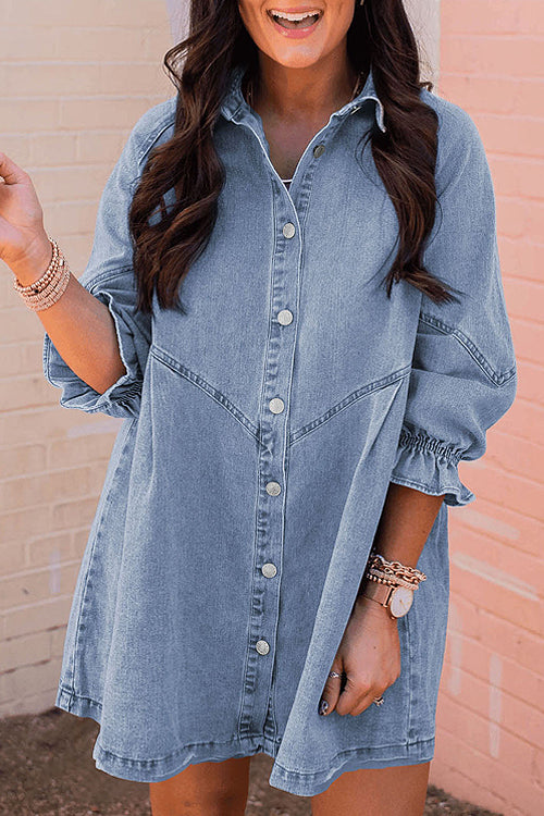 Step Out Half Sleeve Button Down Denim Mini Dress Blue