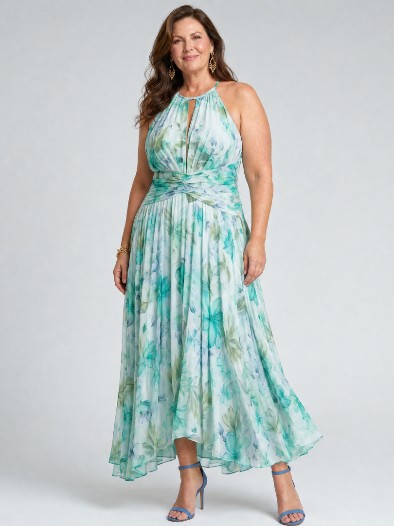 Floral Print Halter Neck Keyhole Pleated Maxi Dress