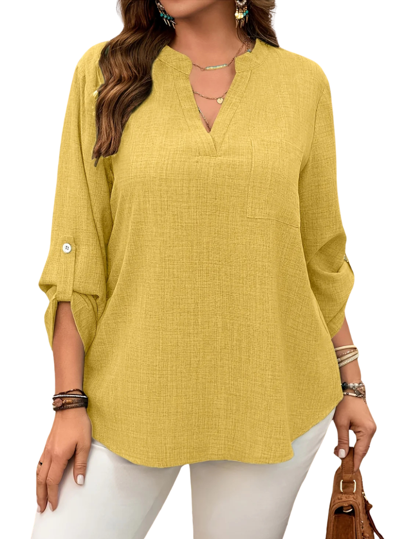 Notch V-Neck Roll Tab Long Sleeve Pocket Top