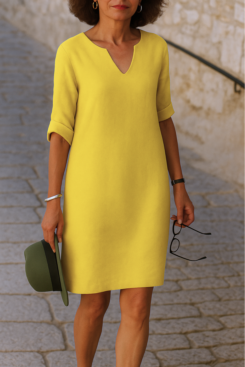 Notch V-Neck Roll Sleeve Shift Midi Dress
