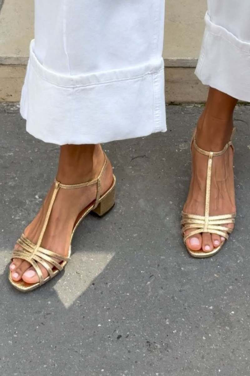 T-Strap Metallic Low Block Heel Sandals