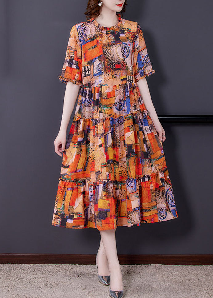 Abstract Patchwork Print Ruffle Collar Short Sleeve Tiered Smock Midi Dress