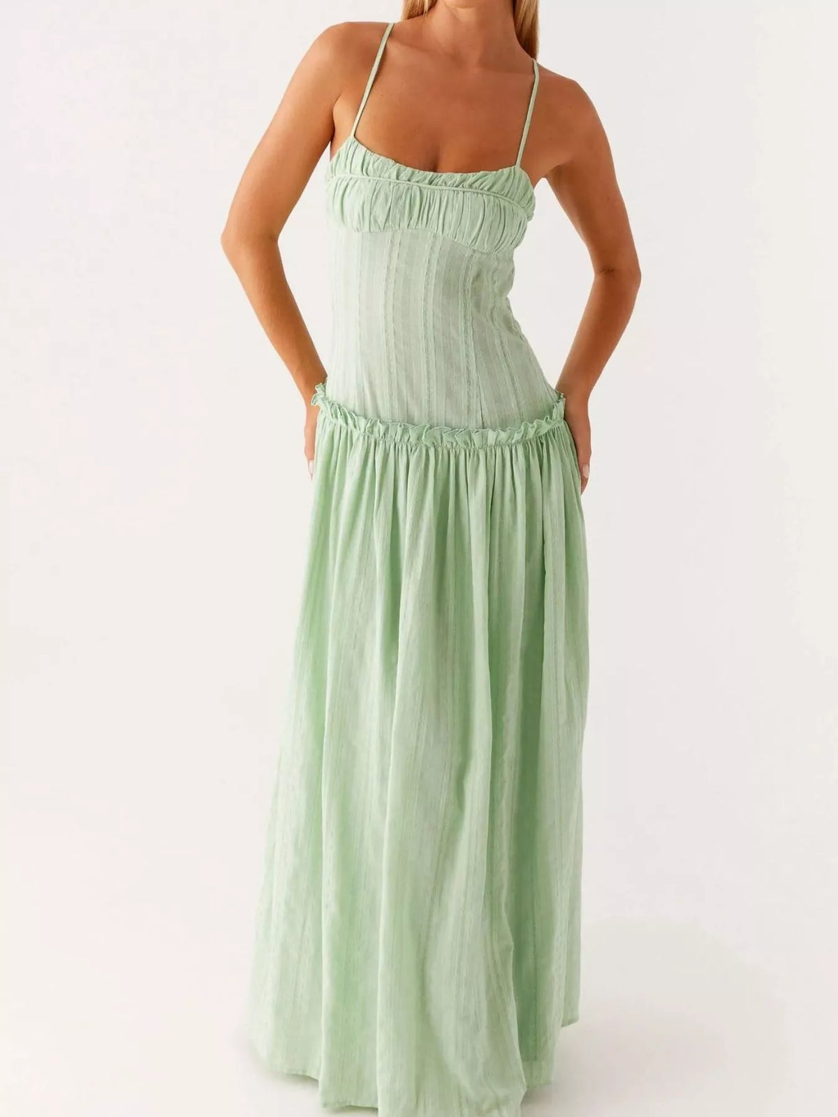 Ruched Bust Drop Waist Ruffle Trim Cami Maxi Dress 8