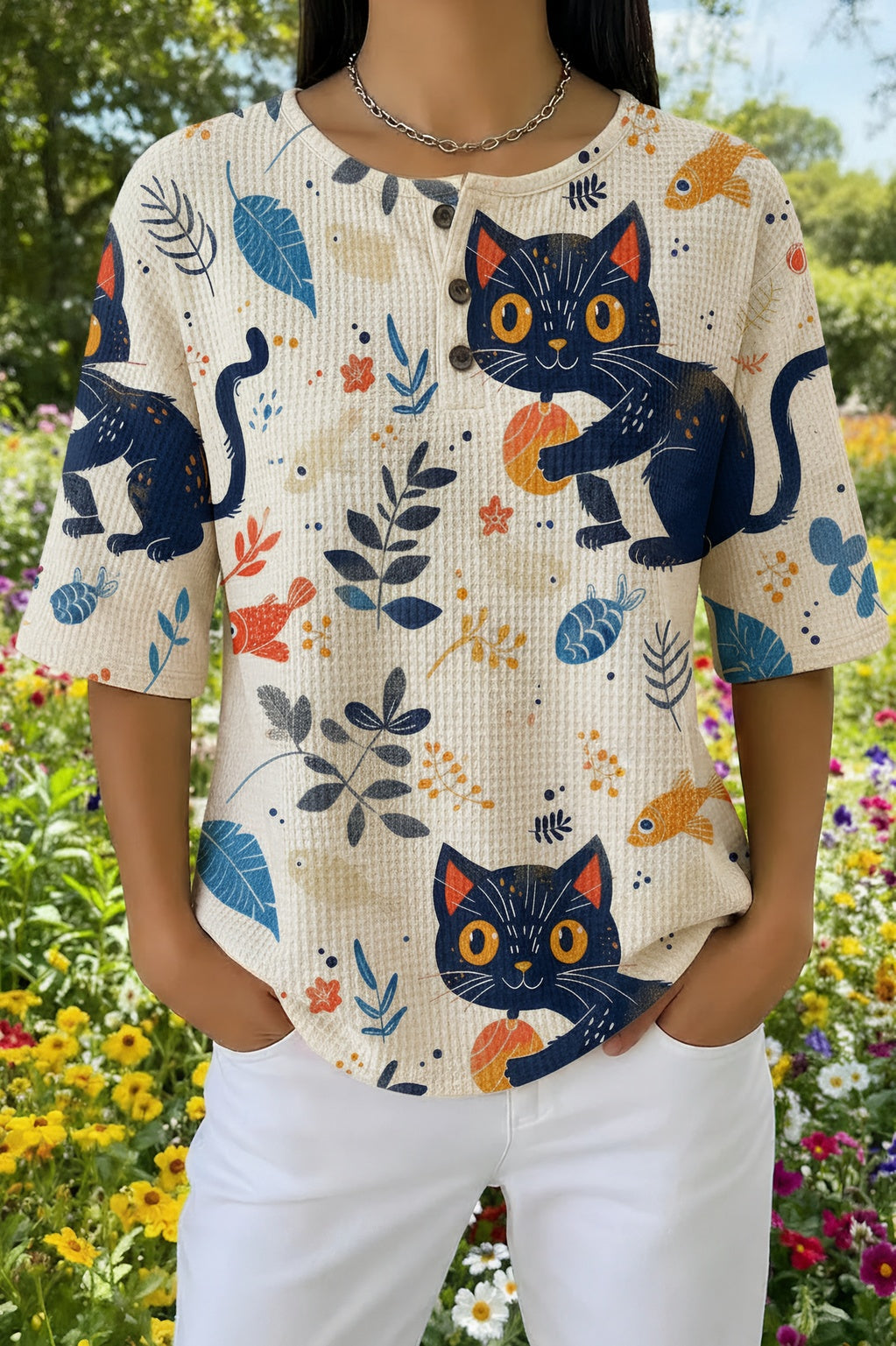 Womens Cream Floral Blue Cat Print Casual Shirt