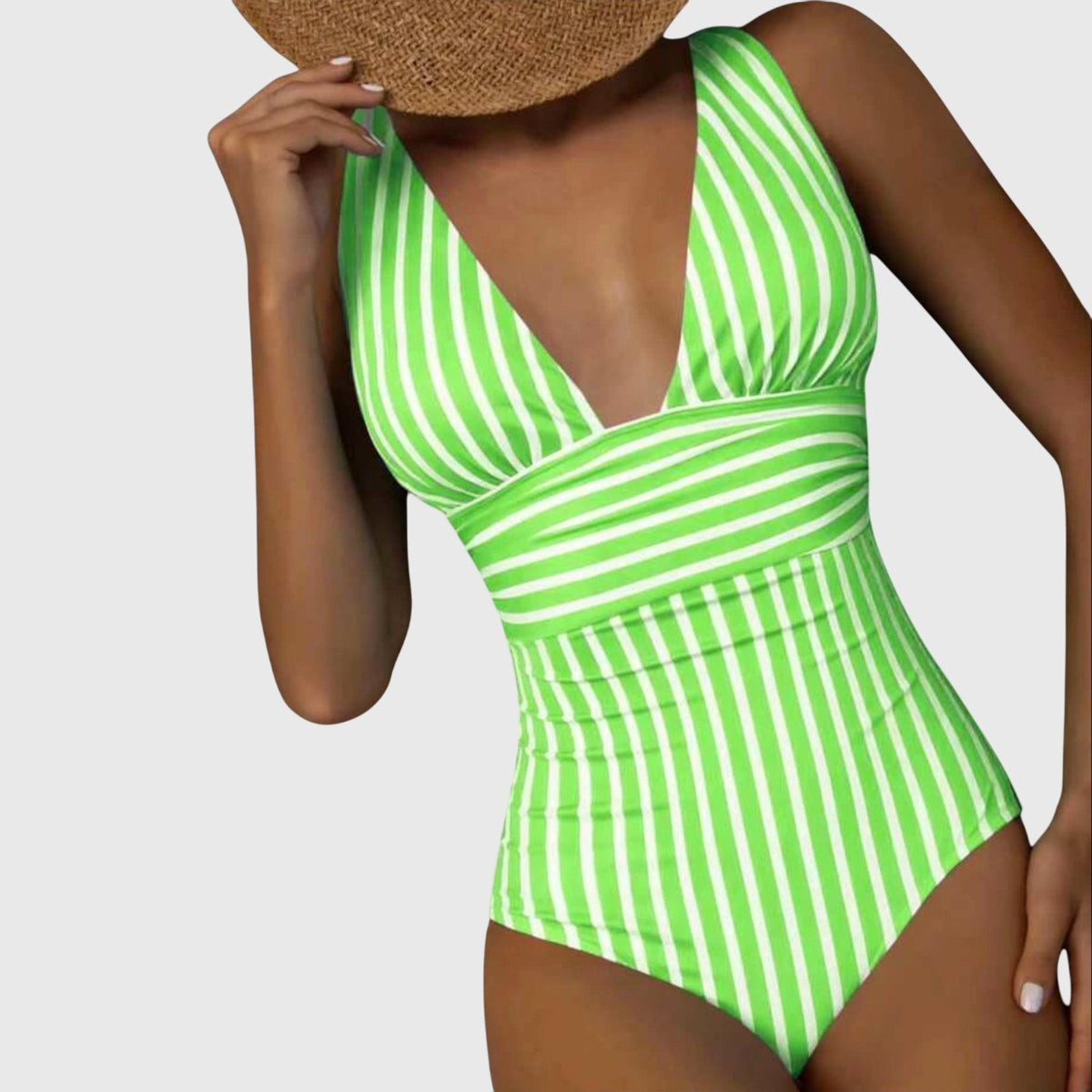 Striped Deep V-Neck Ruched One Piece Swimsuit