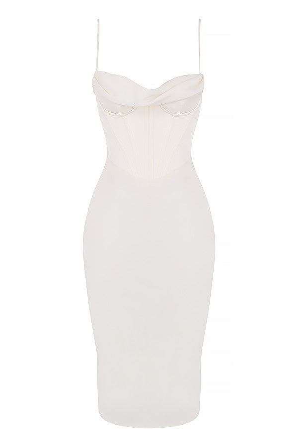 Satin Cowl Neck Corset Bodice Spaghetti Strap Midi Dress 14