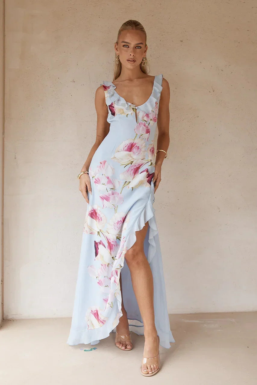 Floral Print Ruffle Scoop Neck Sleeveless High Split Maxi Dress
